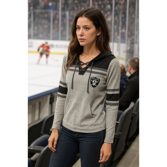Antigua Las Vegas Raiders Gray & Black Lace-Up Hoodie Hockey Style Womens Medium - Picture 1 of 8